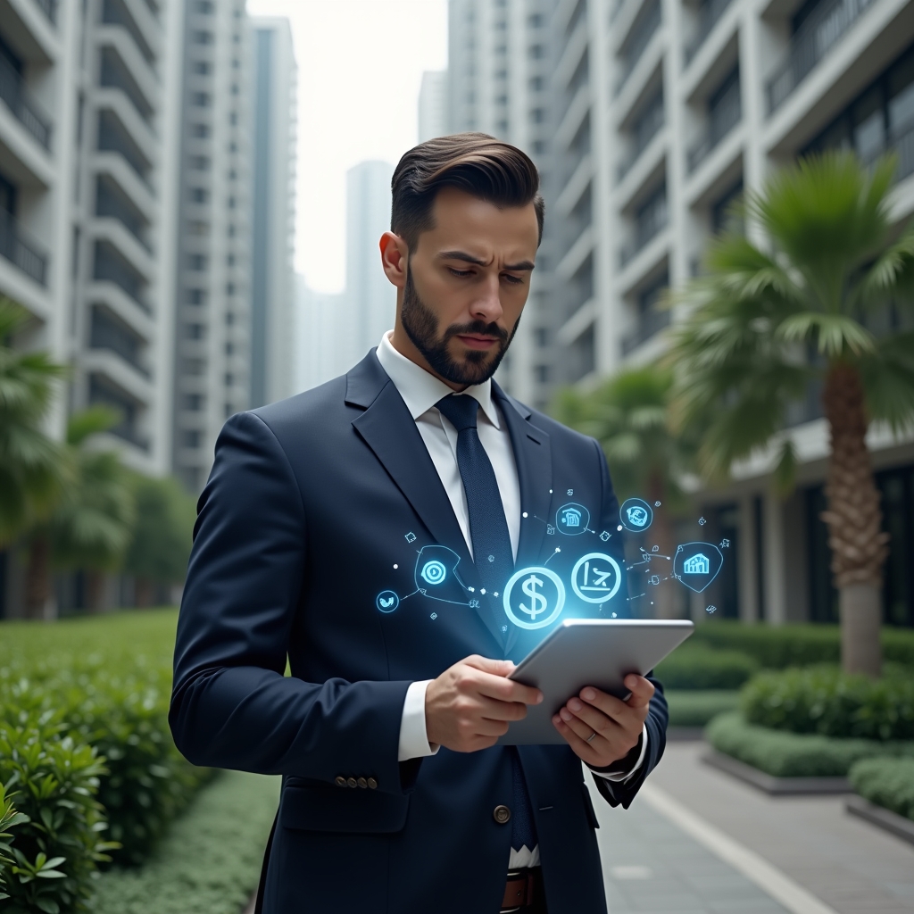 (Ultra-realistic condominium manager in a tailored navy suit, set in a modern luxury condominium environment with high-rise buildings and meticulously landscaped greenery, holding a tablet and reviewing a holographic contract with floating icons of coins, gears and handshake symbols, confident and thoughtful expression, cinematic lighting, shallow depth of field, highly detailed textures, realistic skin, photographic realism, 8k resolution --ar 1:1 --v 6)