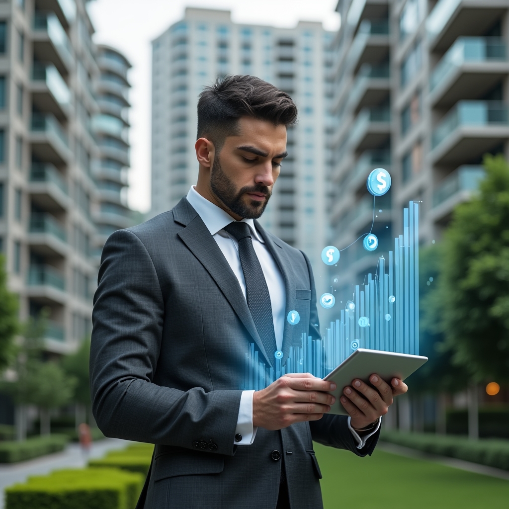 Ultra-realistic condominium manager in a charcoal gray suit, set in a modern luxury condominium environment with high-rise buildings and manicured green landscaping, holding a digital tablet and analyzing floating holographic bar charts showing expense spikes, serious and focused expression, holographic icons of dollar signs and pie charts hovering nearby, cinematic lighting, shallow depth of field, highly detailed textures, realistic skin, photographic realism, 8k resolution --ar 1:1 --v 6