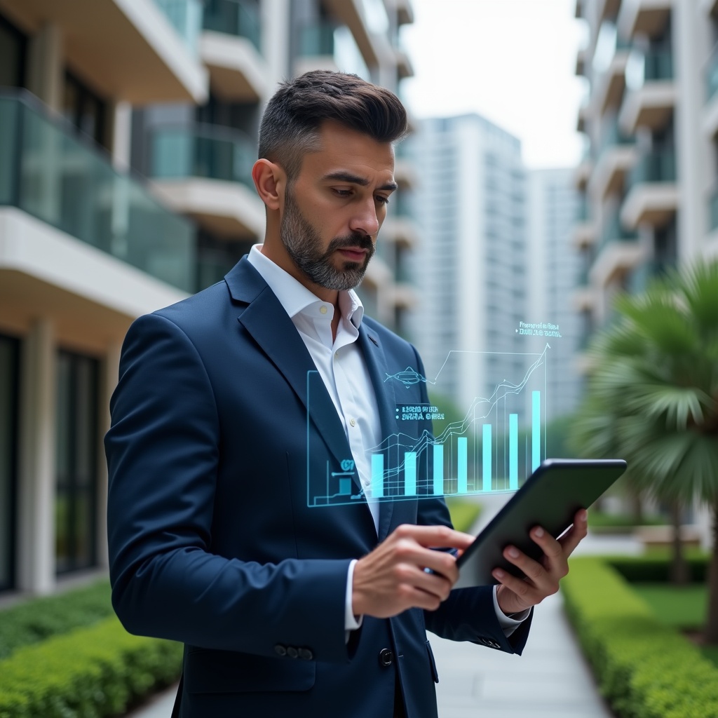 (Ultra-realistic condominium manager in a navy blue suit, set in a modern luxury condominium environment with high-rise buildings and manicured green landscaping, medium shot of the manager reviewing a tablet with floating holographic bar graphs and budget charts, confident and focused expression, cinematic lighting, shallow depth of field, highly detailed textures, realistic skin, photographic realism, 8k resolution --ar 1:1 --v 6)