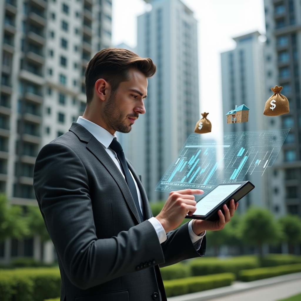 (Ultra-realistic condominium manager in a charcoal gray executive suit, set in a modern luxury condominium environment with high-rise buildings and meticulously landscaped greenery, holding a digital tablet displaying a holographic financial chart, analyzing budget projections with a confident, focused expression, floating icons of repair tools and money bags symbolizing extraordinary expenses control, cinematic lighting, shallow depth of field, highly detailed textures, realistic skin, photographic realism, 8k resolution --ar 1:1 --v 6)