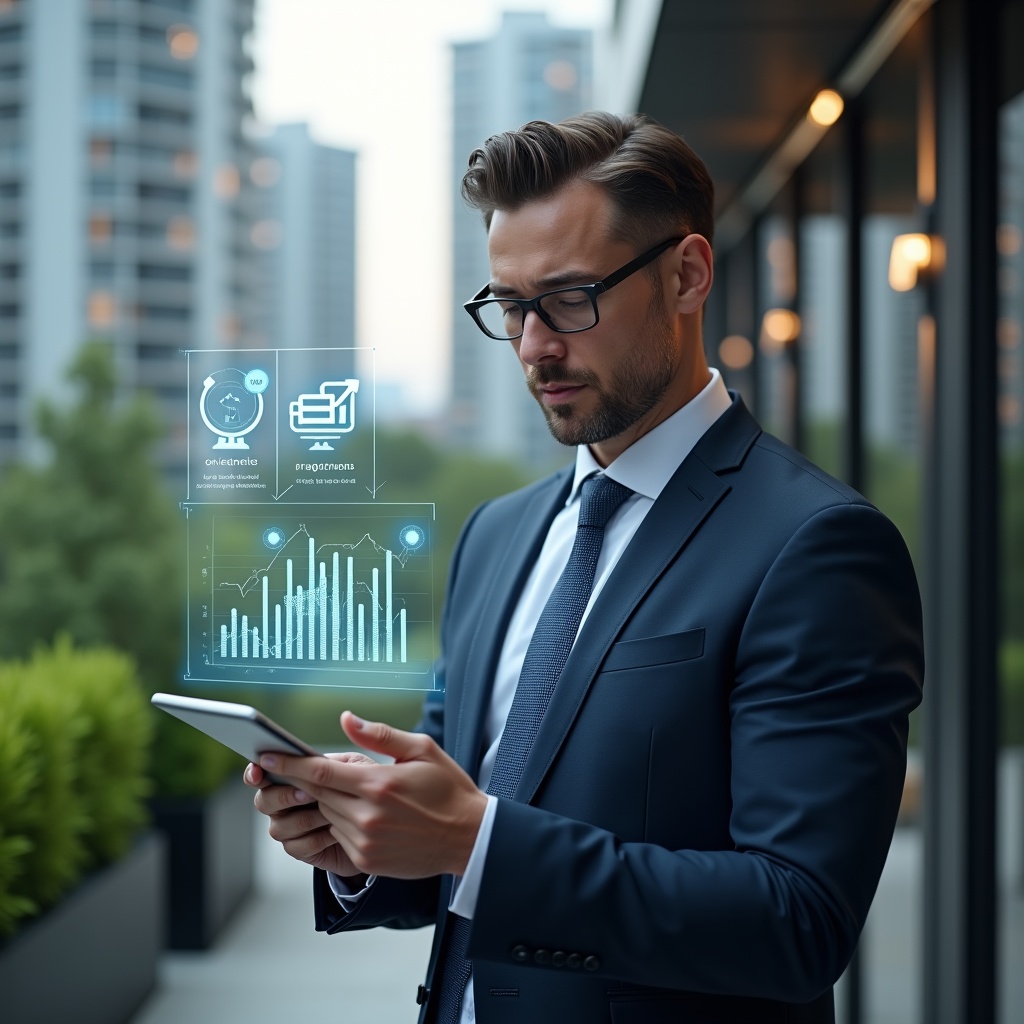 Ultra-realistic condominium manager in a navy suit, set in a modern luxury condominium environment with high-rise buildings and lush green landscaping, confidently analyzing a tablet with floating holographic financial charts and budget icons representing ordinary and extraordinary expenses, cinematic lighting, shallow depth of field, highly detailed textures, realistic skin, photographic realism, 8k resolution --ar 1:1 --v 6