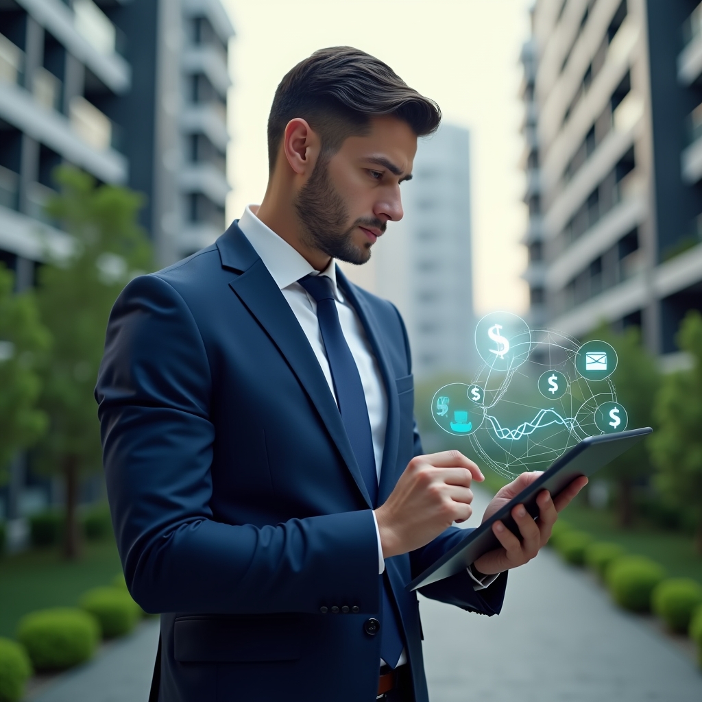 Ultra-realistic condominium manager in a navy blue suit, set in a modern luxury condominium environment with high-rise buildings and green landscaping, medium shot of a focused professional holding a tablet displaying holographic financial charts and floating expense icons, analyzing budget with confidence, cinematic lighting, shallow depth of field, highly detailed textures, realistic skin, photographic realism, 8k resolution --ar 1:1 --v 6