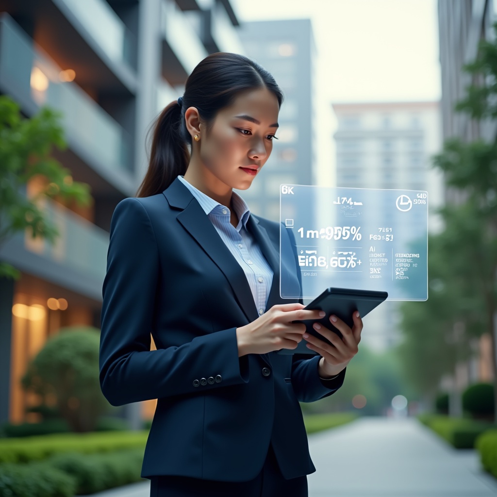 Ultra-realistic condominium manager in a navy executive suit, set in a modern luxury condominium environment with high-rise buildings and green landscaping, reviewing financial data on a tablet with a confident expression, holographic expense charts and currency icons floating beside her, cinematic lighting, shallow depth of field, highly detailed textures, realistic skin, photographic realism, 8k resolution --ar 1:1 --v 6