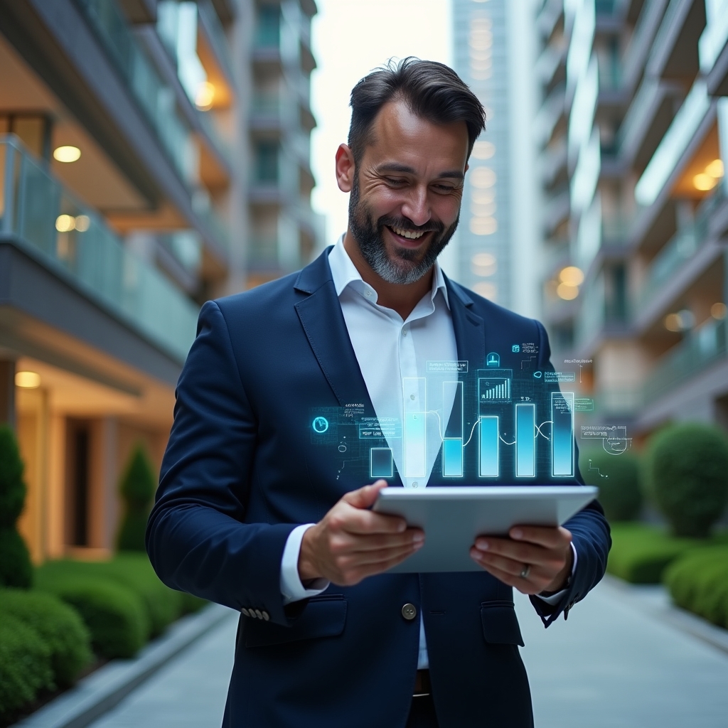 (Ultra-realistic condominium manager in a navy tailored suit, set in a modern luxury condominium environment with high-rise buildings and manicured green landscaping, reviewing digital financial reports on a transparent tablet with a confident smile, holographic charts and floating document icons symbolizing streamlined accounting, cinematic lighting, shallow depth of field, highly detailed textures, realistic skin, photographic realism, 8k resolution --ar 1:1 --v 6)