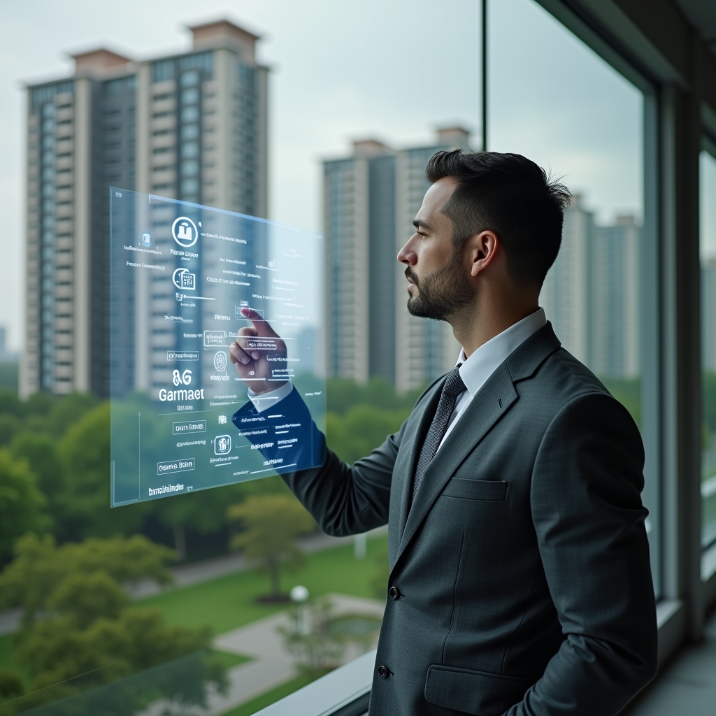 Ultra-realistic property manager in a charcoal gray suit, set in a modern luxury condominium environment with high-rise buildings and lush green landscaping, standing in a medium shot while interacting with a holographic interface displaying error icons and checklist items, confidently pointing at one of the highlighted mistakes, subtle digital symbols of an app interface floating beside them, cinematic lighting, shallow depth of field, highly detailed textures, realistic skin, photographic realism, 8k resolution --ar 1:1 --v 6
