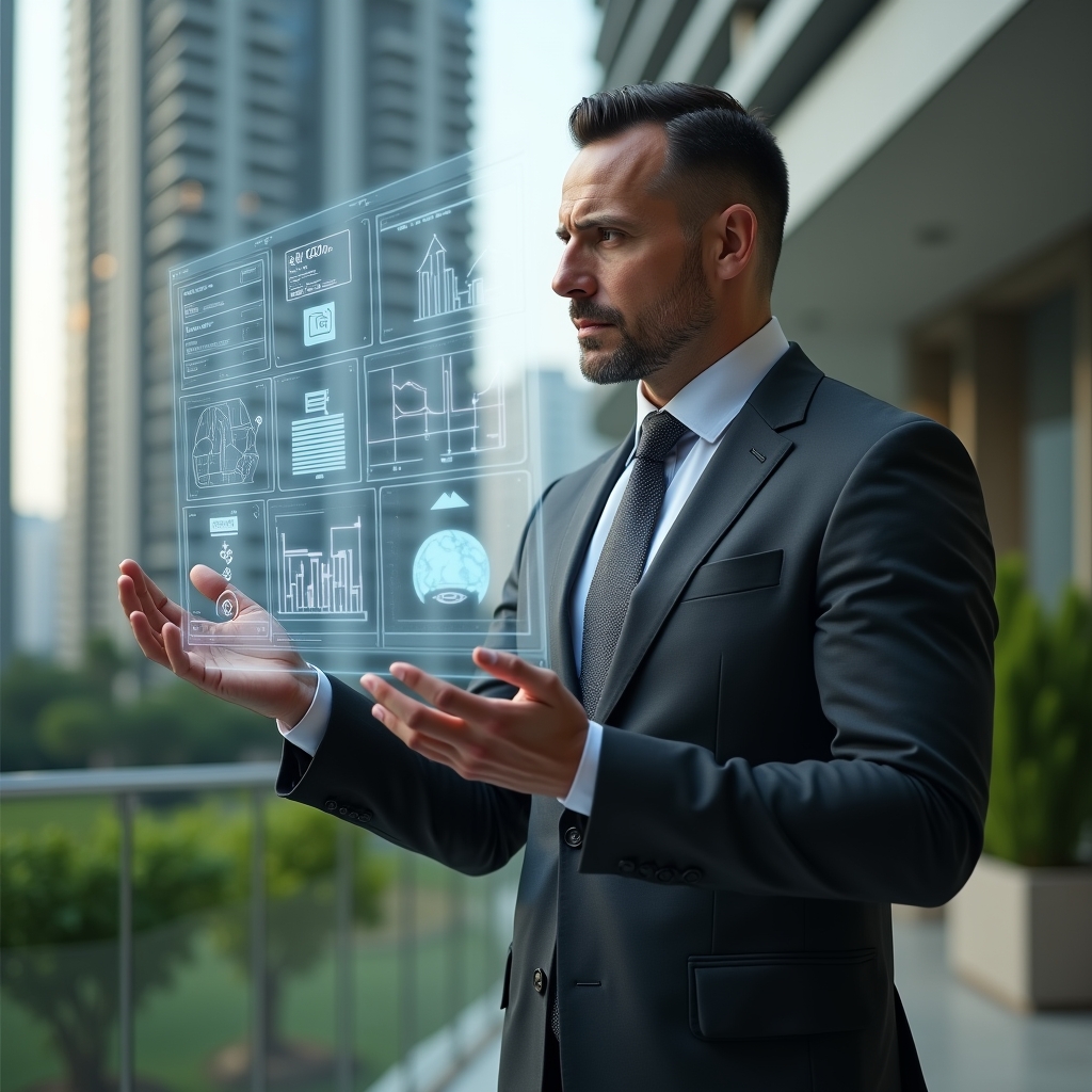 (Ultra-realistic condominium manager in a dark gray executive suit, set in a modern luxury condominium environment with high-rise buildings and manicured green landscaping, reviewing a holographic financial report displayed mid-air with floating icons of receipts, charts and balance sheets, serious and confident expression, cinematic lighting, shallow depth of field, highly detailed textures, realistic skin, photographic realism, 8k resolution --ar 1:1 --v 6)