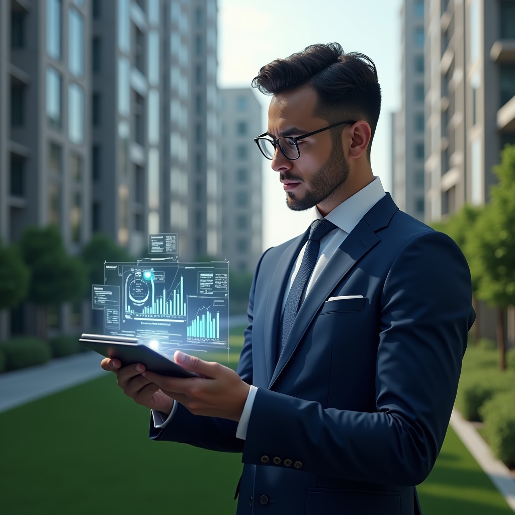 (Ultra-realistic condominium manager in a navy blue tailored suit, set in a modern luxury condominium environment with high-rise buildings and lush green landscaping, holding a digital tablet displaying financial reports, holographic error icons and charts floating beside, looking thoughtfully at the data, cinematic lighting, shallow depth of field, highly detailed textures, realistic skin, photographic realism, 8k resolution --ar 1:1 --v 6)