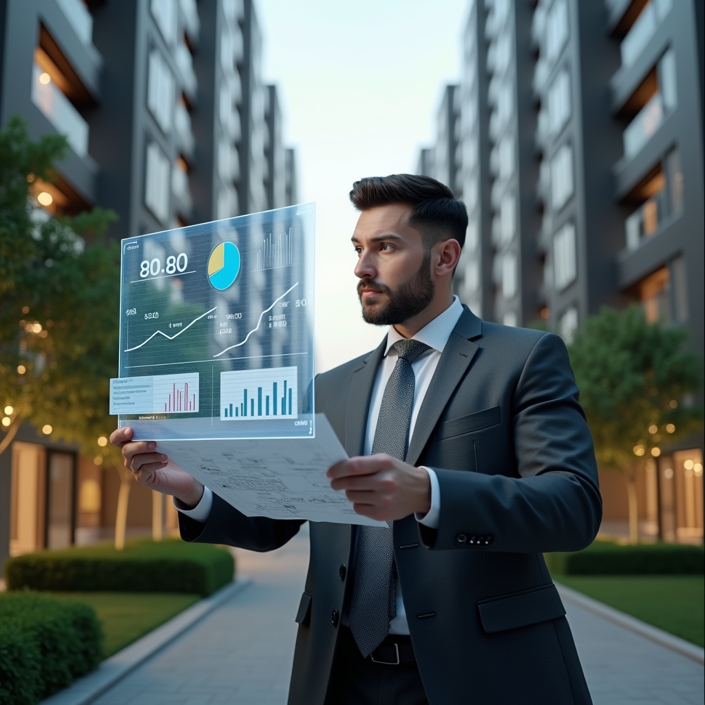 (Ultra-realistic condominium manager in a dark gray executive suit, set in a modern luxury condominium environment with high-rise buildings and manicured green landscaping, examining a floating holographic budget chart and digital blueprints with a confident, analytical expression, holographic pie charts and line graphs representing cost control, cinematic lighting, shallow depth of field, highly detailed textures, realistic skin, photographic realism, 8k resolution --ar 1:1 --v 6)