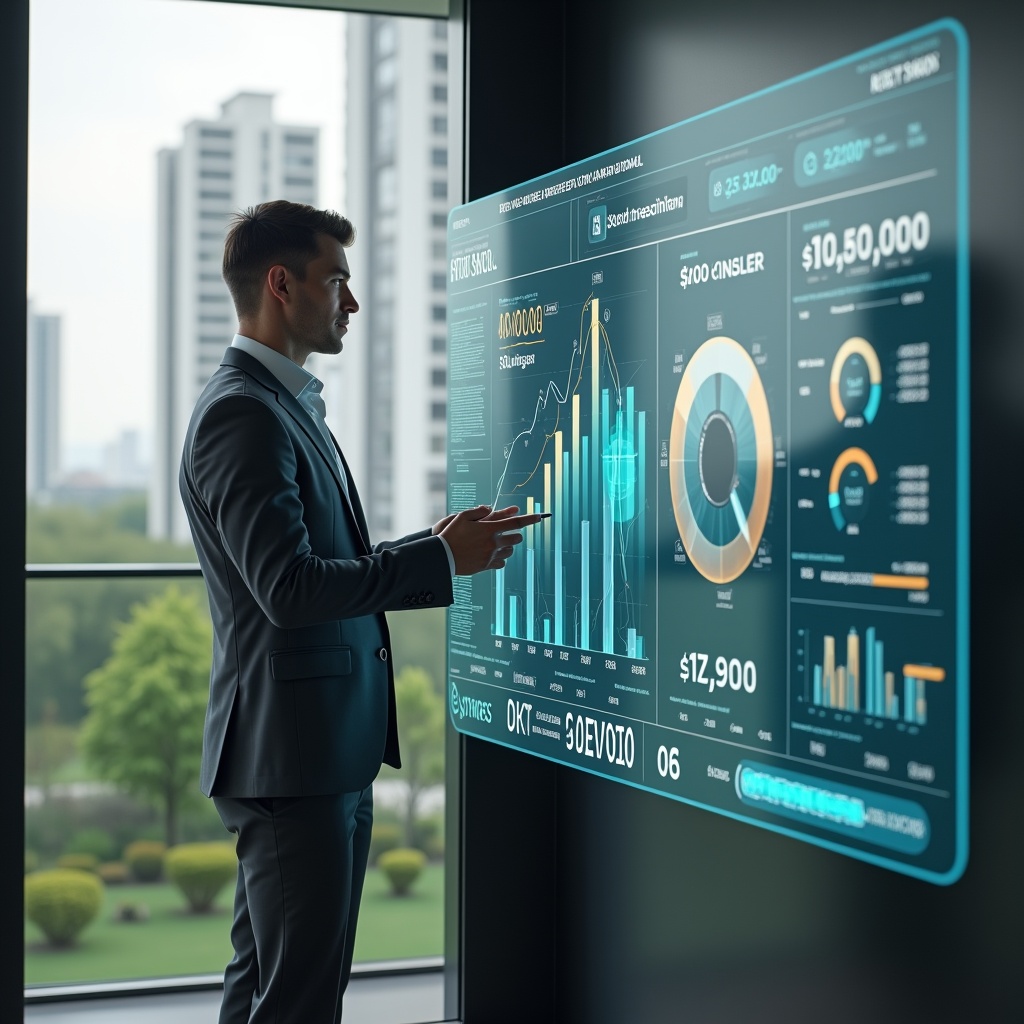 Ultra-realistic condominium manager in a charcoal gray executive suit, set in a modern luxury condominium environment with high-rise buildings and meticulously landscaped gardens, standing in a sleek glass office overlooking the grounds, confidently analyzing a holographic financial dashboard displaying charts and savings icons, cinematic lighting, shallow depth of field, highly detailed textures, realistic skin, photographic realism, 8k resolution --ar 1:1 --v 6