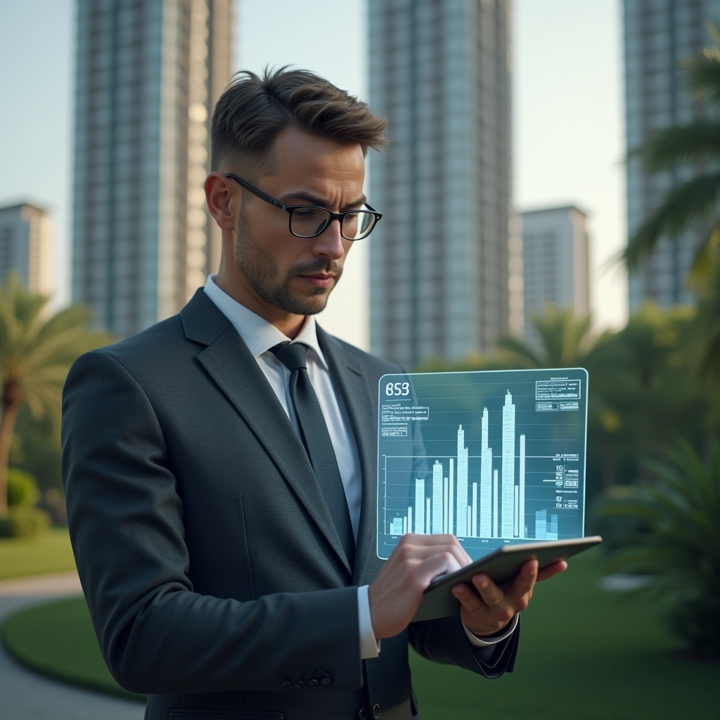 (Ultra-realistic condominium manager in a charcoal gray executive suit, set in a modern luxury condominium environment with high-rise buildings and lush green landscaping, medium shot of the manager reviewing holographic financial charts on a transparent tablet screen with floating 3D graphs and balancete documents, expression confident and focused, cinematic lighting, shallow depth of field, highly detailed textures, realistic skin, photographic realism, 8k resolution --ar 1:1 --v 6)