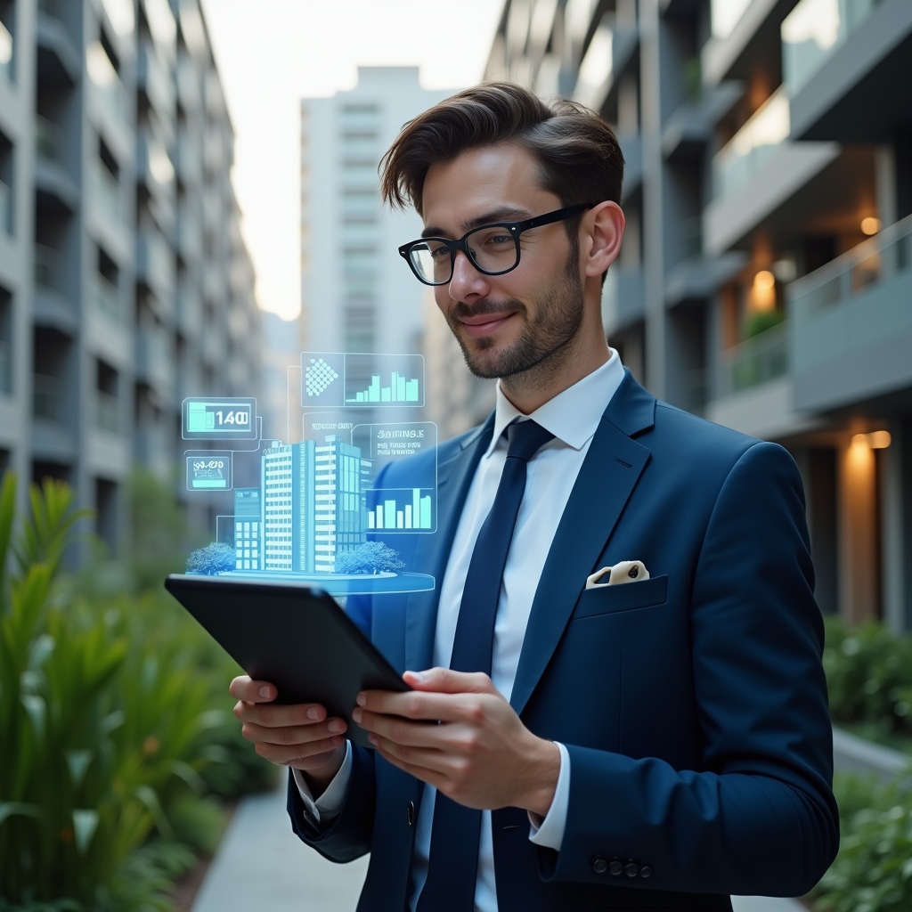 (Ultra-realistic condominium manager in a navy blue suit, set in a modern luxury condominium environment with high-rise buildings and lush green landscaping, holding a digital tablet projecting a holographic budget chart and savings metrics, confident and focused expression, floating icons of currency, pie charts and building blueprints, cinematic lighting, shallow depth of field, highly detailed textures, realistic skin, photographic realism, 8k resolution --ar 1:1 --v 6)