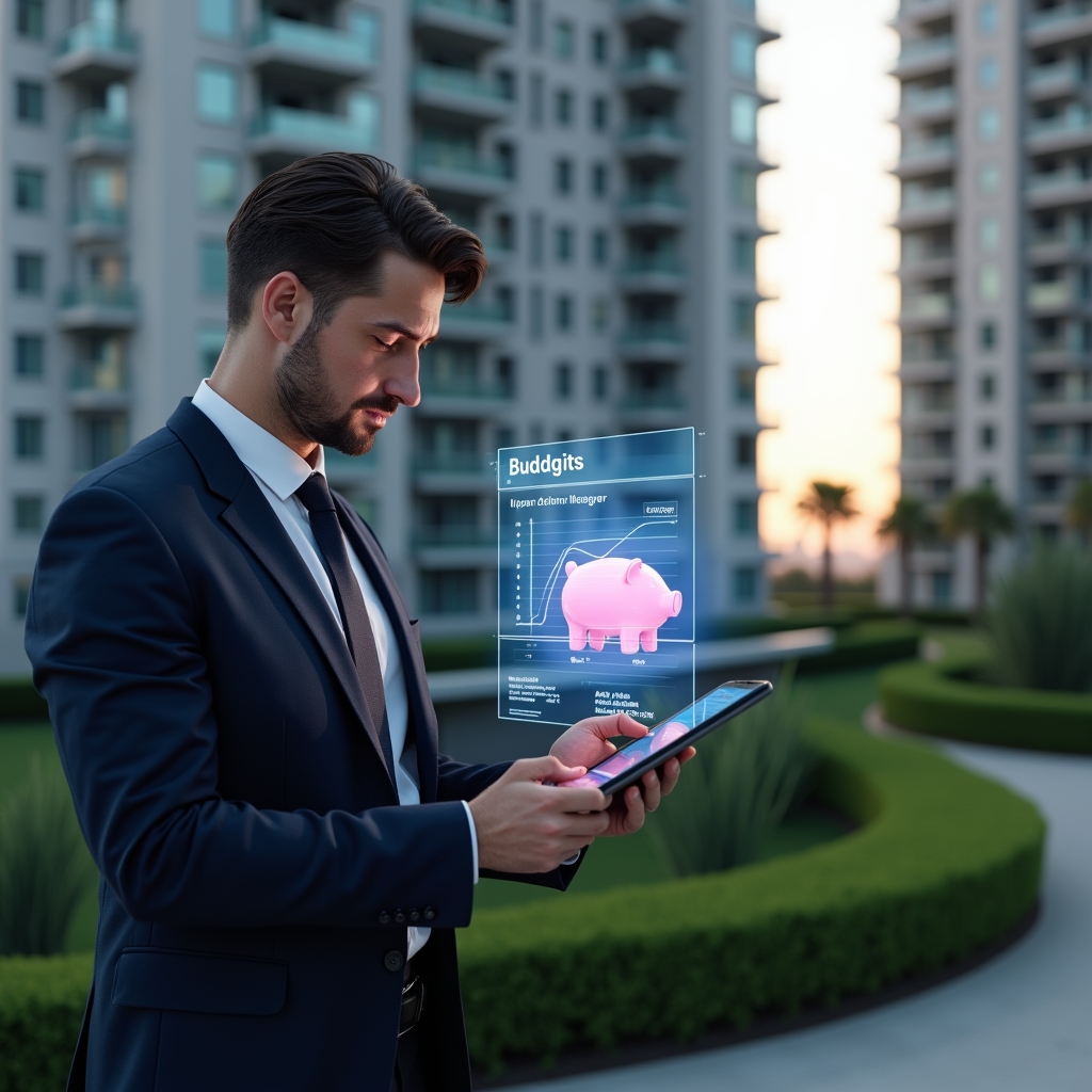 (Ultra-realistic condominium manager in a tailored navy suit, set in a modern luxury condominium environment with high-rise buildings and manicured green landscaping, analyzing a holographic budget chart projected from a tablet, a glowing piggy bank icon floating beside them, cinematic lighting, shallow depth of field, highly detailed textures, realistic skin, photographic realism, 8k resolution --ar 1:1 --v 6)