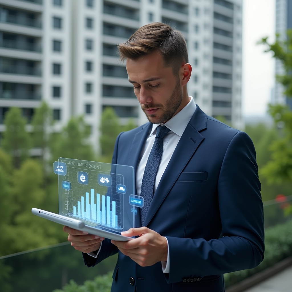 Ultra-realistic condominium manager in a navy tailored suit, set in a modern luxury condominium environment with high-rise buildings and lush green landscaping, reviewing a holographic budget chart on a transparent tablet with a thoughtful, confident expression, floating cost-saving icons and digital cost-estimation graphs around them, cinematic lighting, shallow depth of field, highly detailed textures, realistic skin, photographic realism, 8k resolution --ar 1:1 --v 6