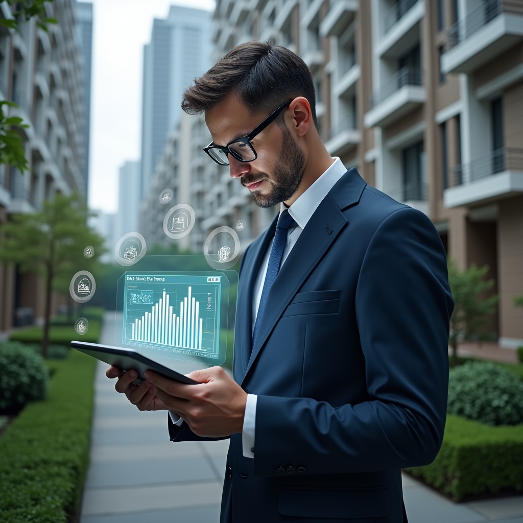 Ultra-realistic condominium manager in a navy executive suit, set in a modern luxury condominium environment with high-rise buildings and meticulously landscaped gardens, examining a holographic cost-saving chart projected from a digital tablet, surrounded by floating icons of blueprints, construction helmets and coin stacks, confident and focused expression, cinematic lighting, shallow depth of field, highly detailed textures, realistic skin, photographic realism, 8k resolution --ar 1:1 --v 6