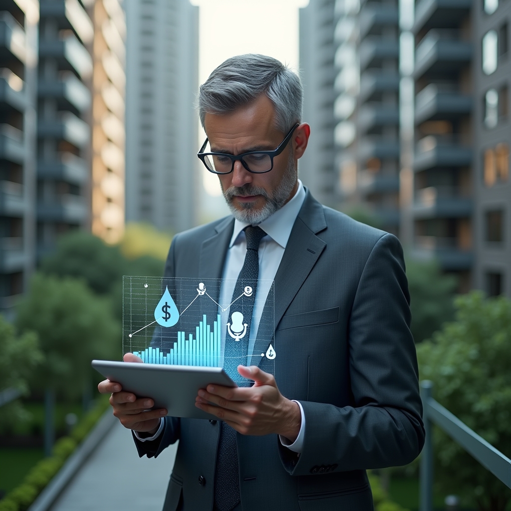 Ultra-realistic condominium manager in a charcoal gray suit, set in a modern luxury condominium environment with high-rise buildings and lush green landscaping, holding a transparent tablet displaying holographic financial charts and icons of a water drop and light bulb to symbolize cost savings, confidently analyzing data with a focused expression, cinematic lighting, shallow depth of field, highly detailed textures, realistic skin, photographic realism, 8k resolution --ar 1:1 --v 6