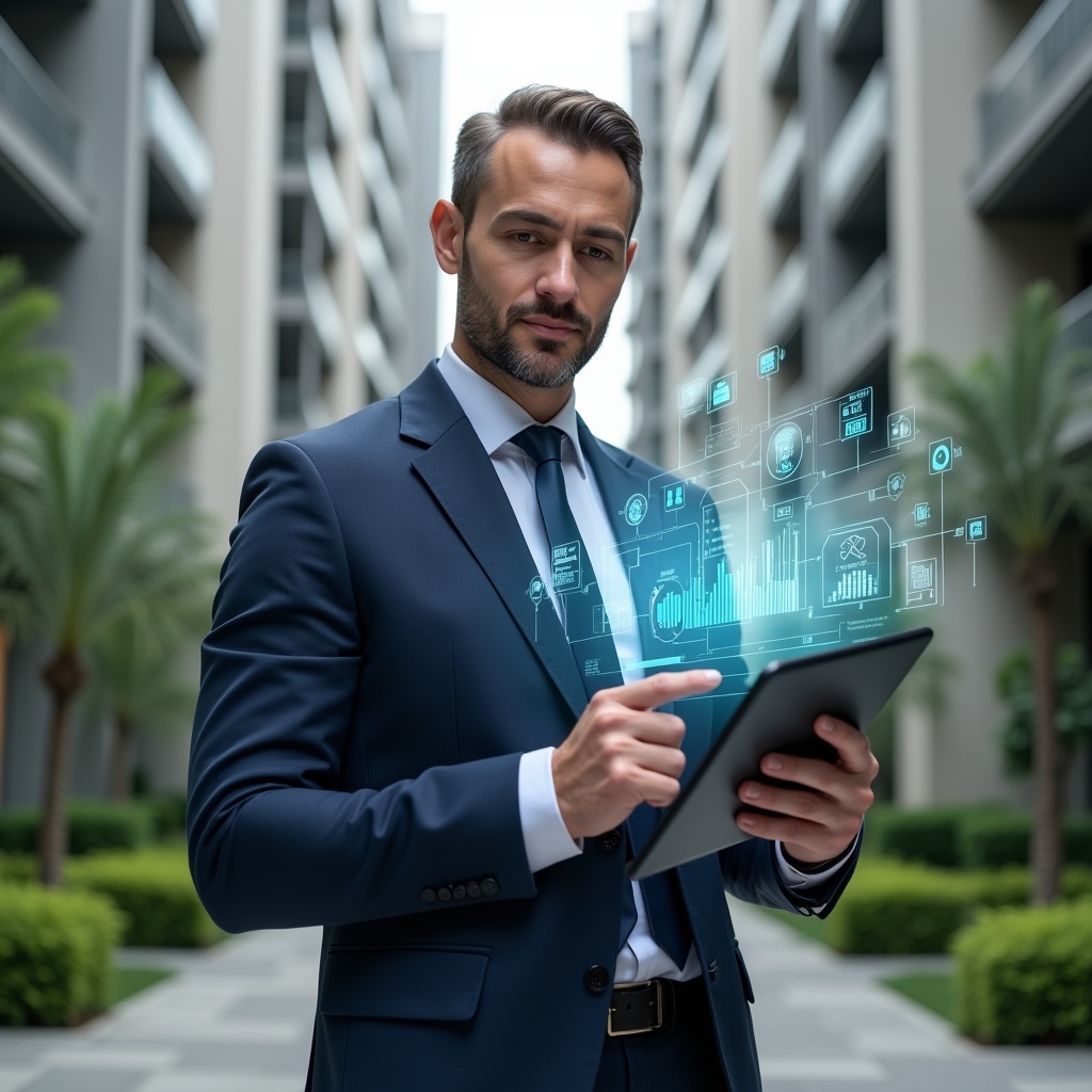 Ultra-realistic condominium manager in a navy suit, set in a modern luxury condominium environment with high-rise buildings and manicured green landscaping, holding a tablet displaying interactive financial charts and pointing at holographic cost-saving icons, surrounded by floating graphs and money-saving symbols, confident and analytical expression, cinematic lighting, shallow depth of field, highly detailed textures, realistic skin, photographic realism, 8k resolution --ar 1:1 --v 6
