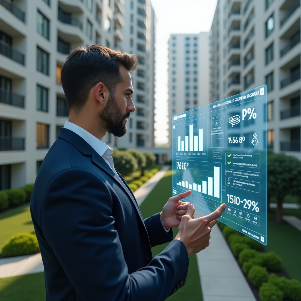 (Ultra-realistic condominium manager in a tailored dark blue suit, set in a modern luxury condominium environment with high-rise buildings and manicured green landscaping, standing in a mid-shot examining a transparent holographic financial dashboard displaying cost-saving charts and icons of LED bulbs, solar panels and maintenance checklists, confident and focused expression, cinematic lighting, shallow depth of field, highly detailed textures, realistic skin, photographic realism, 8k resolution --ar 1:1 --v 6)