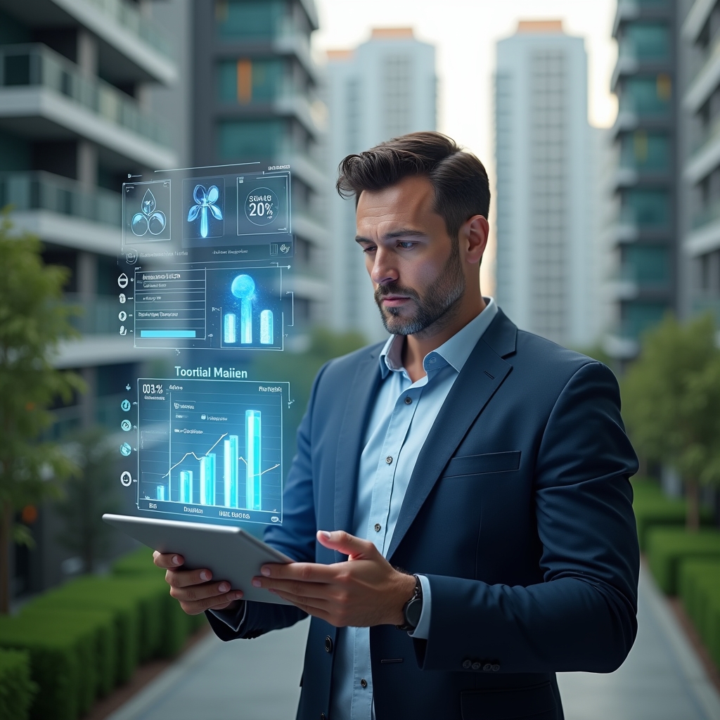 (Ultra-realistic condominium manager in a dark blue suit, set in a modern luxury condominium environment with high-rise buildings and manicured green landscaping, analyzing floating holographic financial charts and budget graphs, surrounded by digital icons of water meters, energy bolts and contract documents, confident and focused expression, cinematic lighting, shallow depth of field, highly detailed textures, realistic skin, photographic realism, 8k resolution --ar 1:1 --v 6)