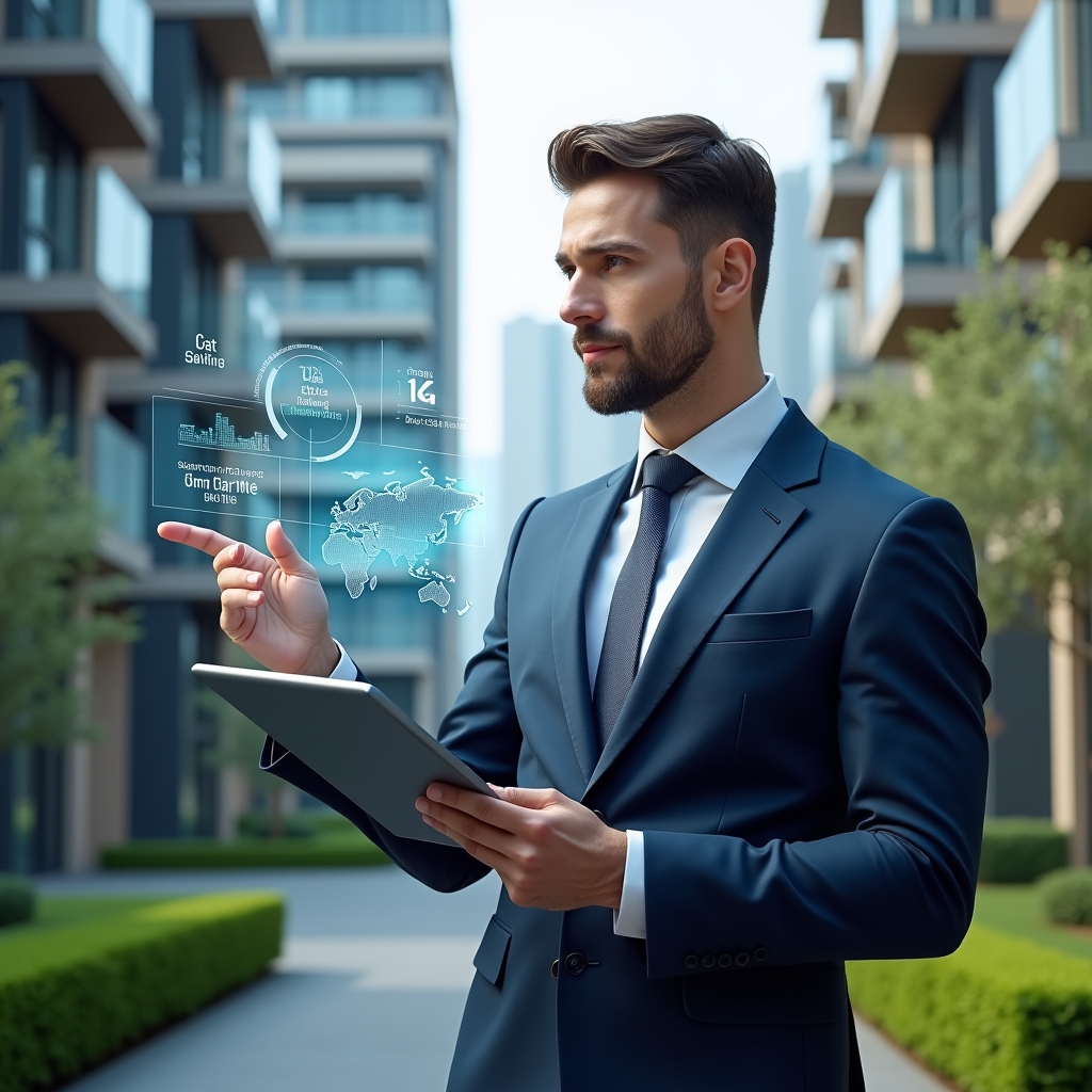 Ultra-realistic condominium manager in a navy blue executive suit, set in a modern luxury condominium environment with high-rise buildings and manicured green landscaping, holding a tablet and pointing at a floating holographic dashboard illustrating cost-saving graphs and smart sensor icons, futuristic automation symbols orbiting around, confident and analytical expression, cinematic lighting, shallow depth of field, highly detailed textures, realistic skin, photographic realism, 8k resolution --ar 1:1 --v 6