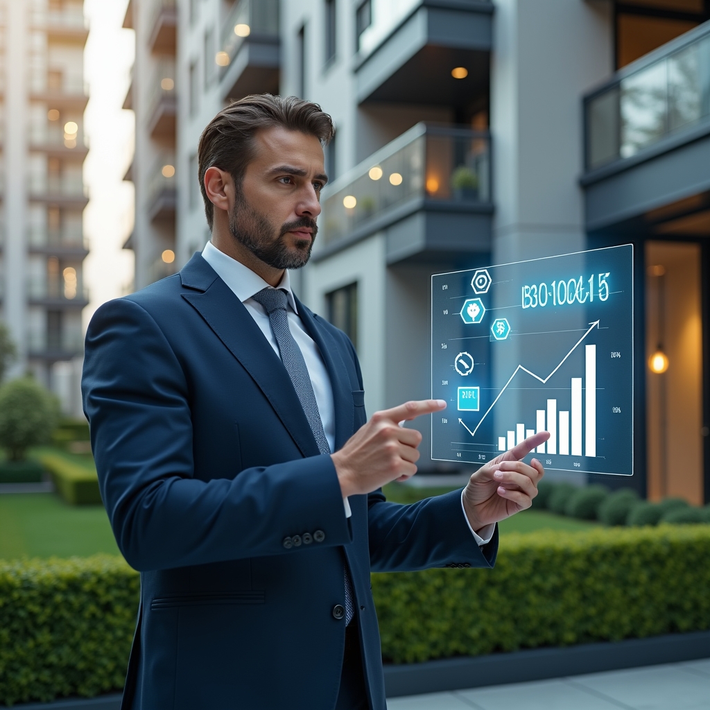 (Ultra-realistic condominium manager in a tailored navy suit, set in a modern luxury condominium environment with high-rise buildings and manicured green landscaping, examining a holographic budget chart with floating icons of invoices, tools and coins, pointing thoughtfully at highlighted cost-saving figures, confident and focused expression, cinematic lighting, shallow depth of field, highly detailed textures, realistic skin, photographic realism, 8k resolution --ar 1:1 --v 6)
