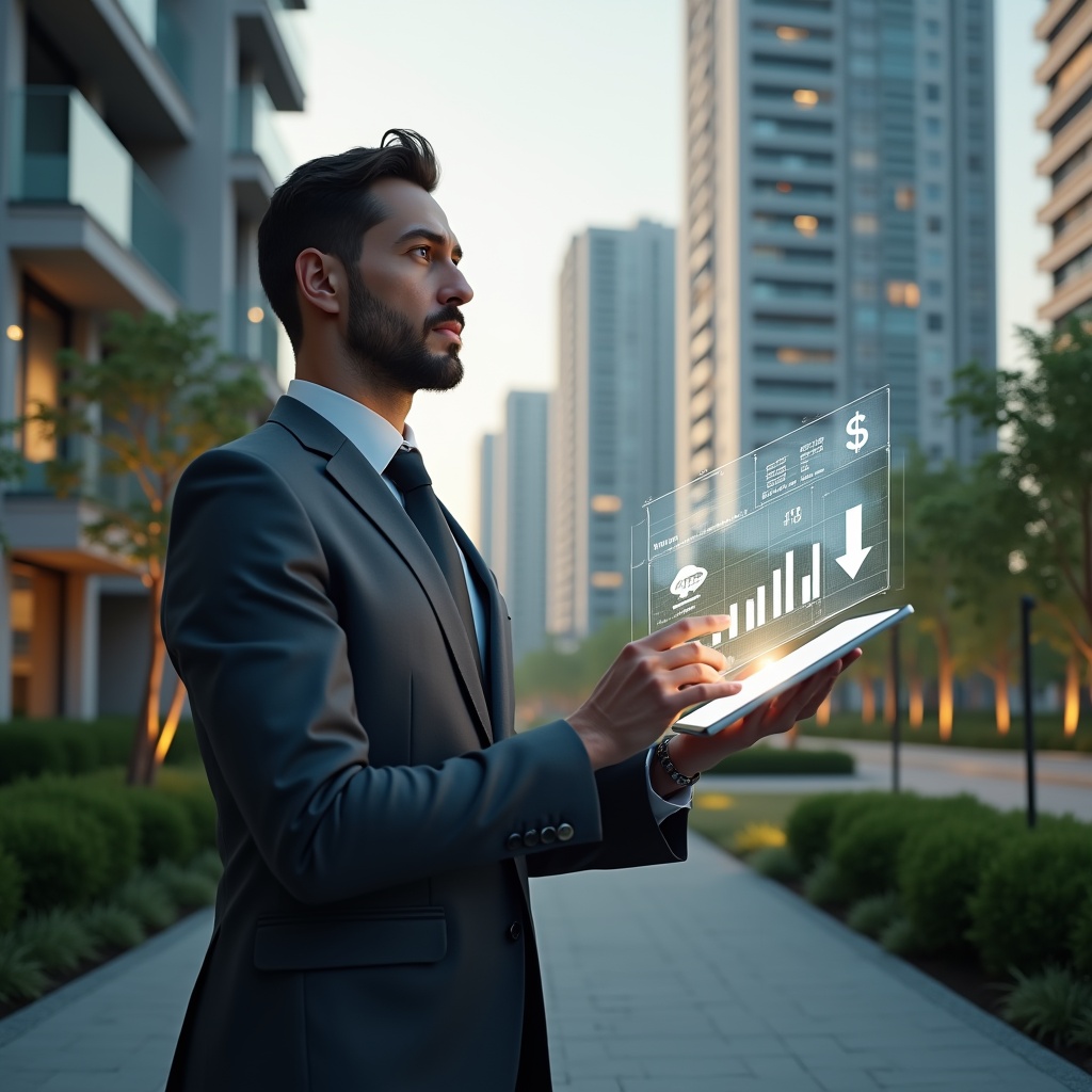 Ultra-realistic condominium manager in a charcoal gray executive suit, set in a modern luxury condominium environment with high-rise buildings and meticulously landscaped gardens, holding a transparent holographic tablet displaying cost-reduction charts, confidently analyzing financial data, a floating icon of a downward-arrow and dollar symbol beside them, cinematic lighting, shallow depth of field, highly detailed textures, realistic skin, photographic realism, 8k resolution --ar 1:1 --v 6