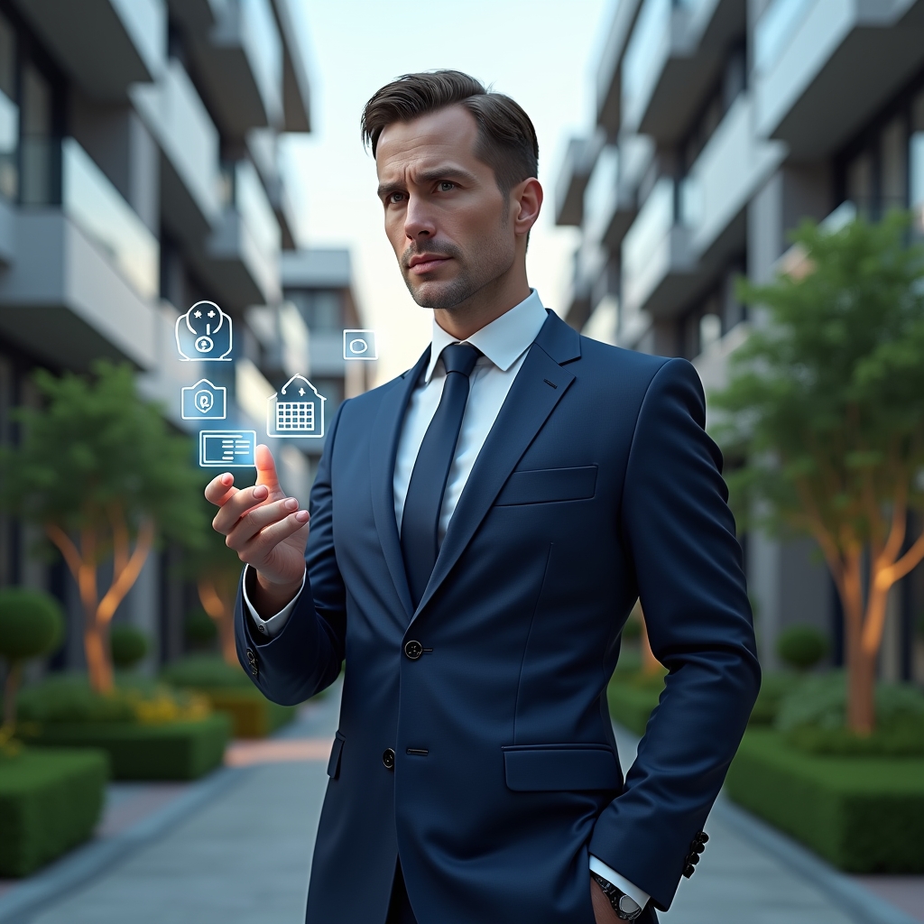 (Ultra-realistic condominium manager in a navy blue suit, set in a modern luxury condominium environment with high-rise buildings and manicured green landscaping, interacting with floating holographic icons of financial charts, chat notifications, security shields, reservation calendars and customizable dashboards, confident and focused expression, cinematic lighting, shallow depth of field, highly detailed textures, realistic skin, photographic realism, 8k resolution --ar 1:1 --v 6)