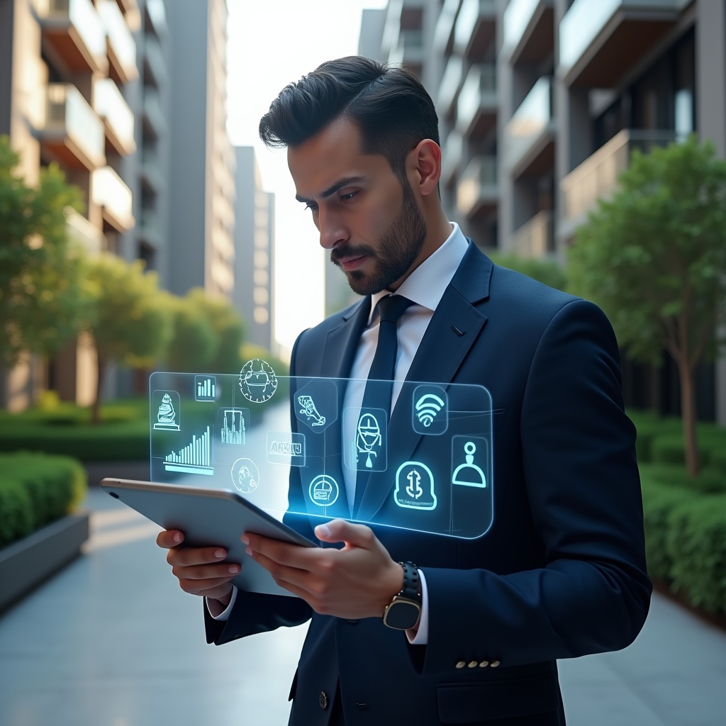 (Ultra-realistic condominium manager in a tailored navy suit, set in a modern luxury condominium environment with high-rise buildings and manicured green landscaping, holding a tablet displaying holographic icons of financial charts, room bookings, maintenance tickets, visitor access and push notifications, confidently analyzing data, cinematic lighting, shallow depth of field, highly detailed textures, realistic skin, photographic realism, 8k resolution --ar 1:1 --v 6)