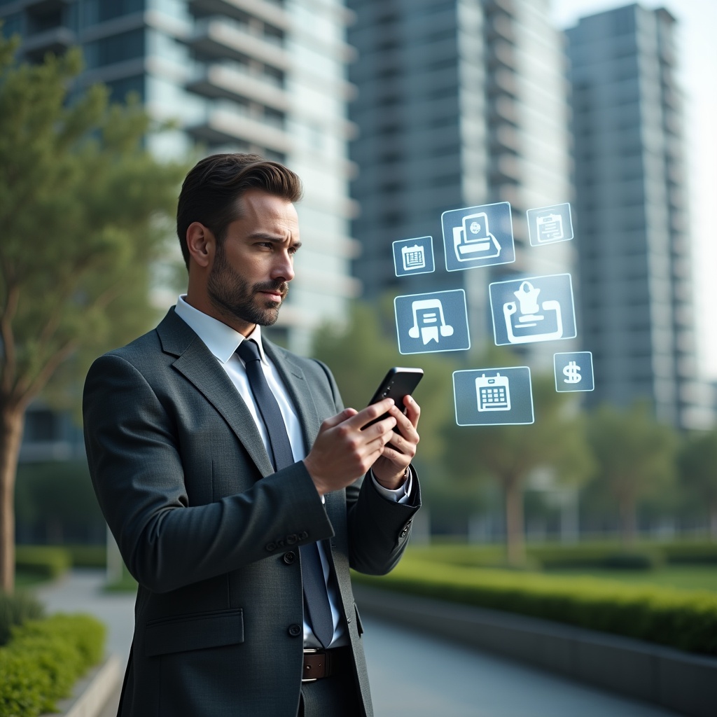 (Ultra-realistic condominium manager in a charcoal gray executive suit, set in a modern luxury condominium environment with high-rise buildings and manicured green landscaping, holding a smartphone and interacting with floating holographic icons representing finance, messages, calendars, and documents to illustrate essential app functions, confident and focused expression, cinematic lighting, shallow depth of field, highly detailed textures, realistic skin, photographic realism, 8k resolution --ar 1:1 --v 6)