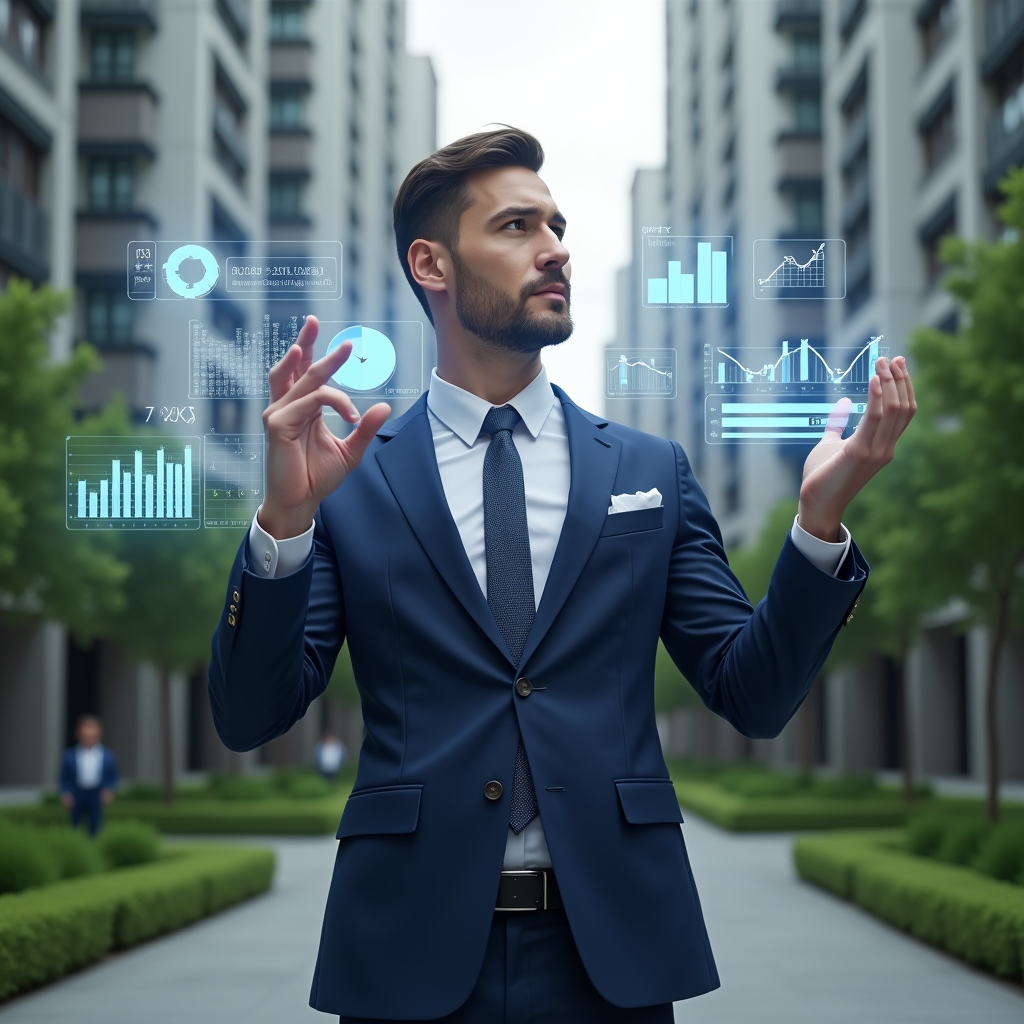 (Ultra-realistic condominium manager in a navy blue suit, set in a modern luxury condominium environment with high-rise buildings and manicured green landscaping, analyzing floating holographic charts and icons representing delinquency rates, water consumption, occupancy and resident satisfaction, pointing at transparent digital graphs with a confident, focused expression, cinematic lighting, shallow depth of field, highly detailed textures, realistic skin, photographic realism, 8k resolution --ar 1:1 --v 6)