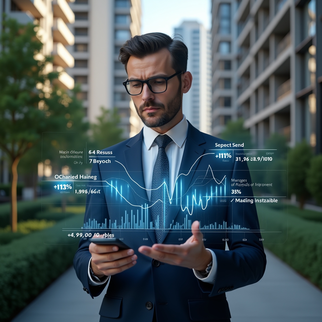 Ultra-realistic condominium manager in a tailored navy suit, set in a modern luxury condominium environment with high-rise buildings and lush green landscaping, mid-shot of the manager confidently analyzing a holographic financial chart displaying key metrics, glowing icons of revenue and expense graphs floating beside them, cinematic lighting, shallow depth of field, highly detailed textures, realistic skin, photographic realism, 8k resolution --ar 1:1 --v 6