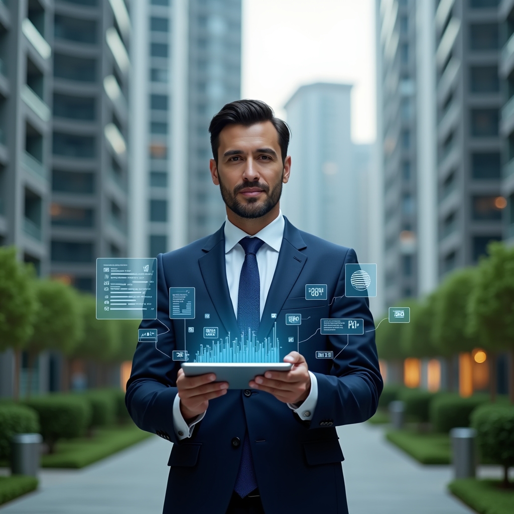 Ultra-realistic condominium manager in a dark blue executive suit, set in a modern luxury condominium environment with high-rise buildings and meticulously landscaped greenery, mid shot holding a transparent tablet displaying floating KPI charts and holographic graphs, confident and focused expression, KPI icons (inadimplência, rateio, satisfação) subtly integrated as holograms around the device, cinematic lighting, shallow depth of field, highly detailed textures, realistic skin, photographic realism, 8k resolution --ar 1:1 --v 6
