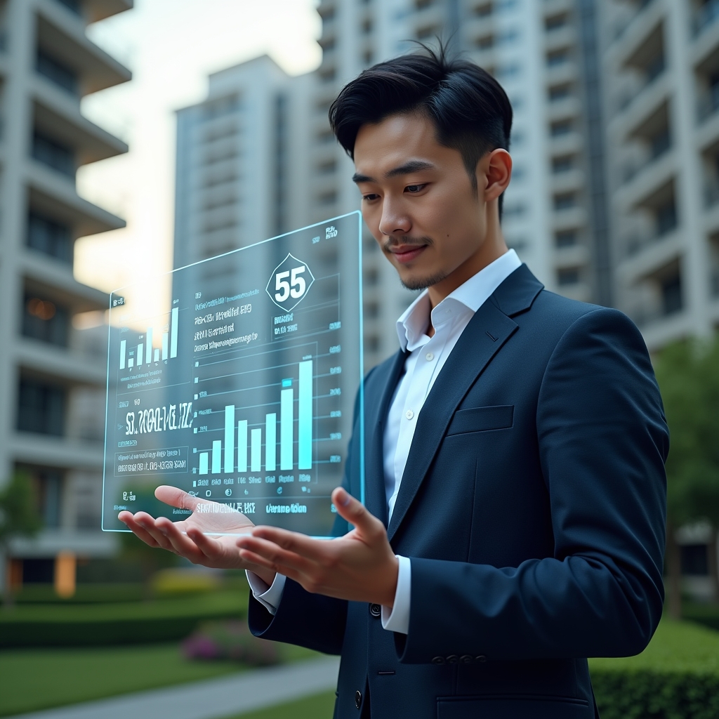 Ultra-realistic condominium manager in a dark blue tailored suit, set in a modern luxury condominium environment with high-rise buildings and manicured gardens in the background, examining a floating holographic financial dashboard displaying cost-cutting charts and budget projections, augmented reality icons of coins and bar graphs swirling around their hand, confident and focused expression, cinematic lighting, shallow depth of field, highly detailed textures, realistic skin, photographic realism, 8k resolution --ar 1:1 --v 6