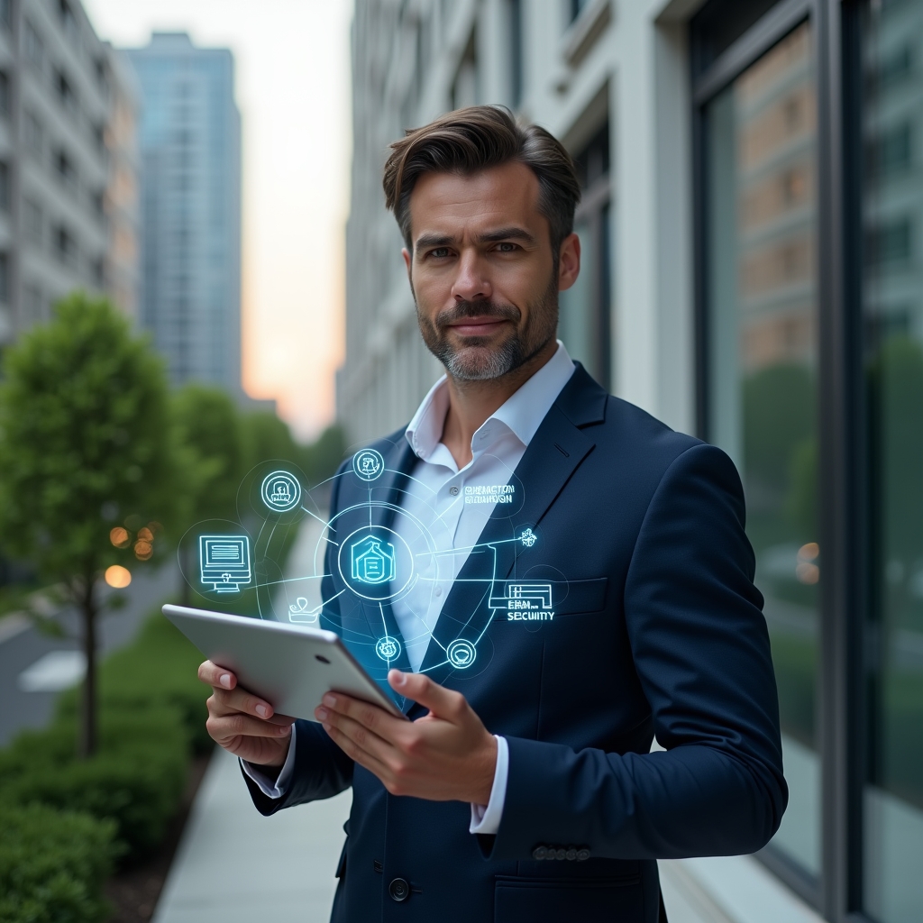 (Ultra-realistic condominium manager in a navy business suit, set in a modern luxury condominium environment with high-rise buildings and meticulously manicured greenery, confidently holding a tablet displaying a holographic condo management dashboard with icons for communication, security and finance, tapping the screen as floating holographic charts and notification symbols orbit around, cinematic lighting, shallow depth of field, highly detailed textures, realistic skin, photographic realism, 8k resolution --ar 1:1 --v 6)