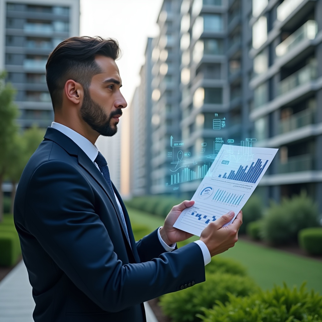Ultra-realistic condominium manager in a navy executive suit, set in a modern luxury condominium environment with high-rise buildings and manicured green landscaping, holding and reviewing a translucent holographic financial report with charts and graphs, confident expression, cinematic lighting, shallow depth of field, highly detailed textures, realistic skin, photographic realism, 8k resolution --ar 1:1 --v 6