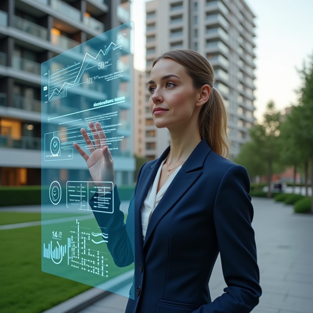 (Ultra-realistic female condominium manager in a navy tailored suit, set in a modern luxury condominium environment with high-rise buildings and manicured green landscaping, examining a transparent holographic dashboard displaying performance metrics, holographic icons of graphs and checkmarks floating around her, confident and focused expression, cinematic lighting, shallow depth of field, highly detailed textures, realistic skin, photographic realism, 8k resolution --ar 1:1 --v 6)