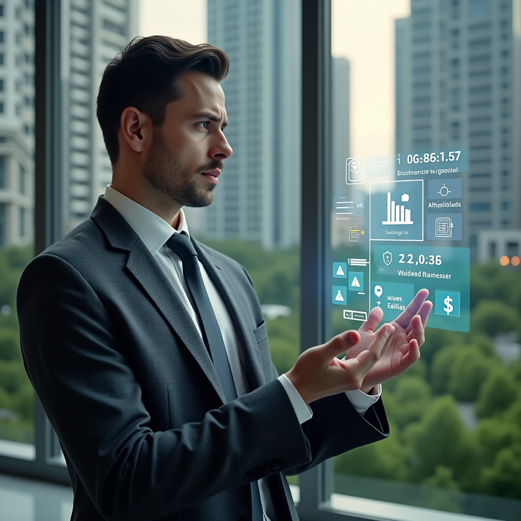 (Ultra-realistic condominium manager in a charcoal gray tailored suit, set in a modern luxury condominium environment with high-rise buildings and manicured green gardens, examining a holographic dashboard displaying warning icons and outdated app notifications, digital floating symbols of mobile apps and financial graphs hovering beside them, thoughtful and concerned expression, cinematic lighting, shallow depth of field, highly detailed textures, realistic skin, photographic realism, 8k resolution --ar 1:1 --v 6)