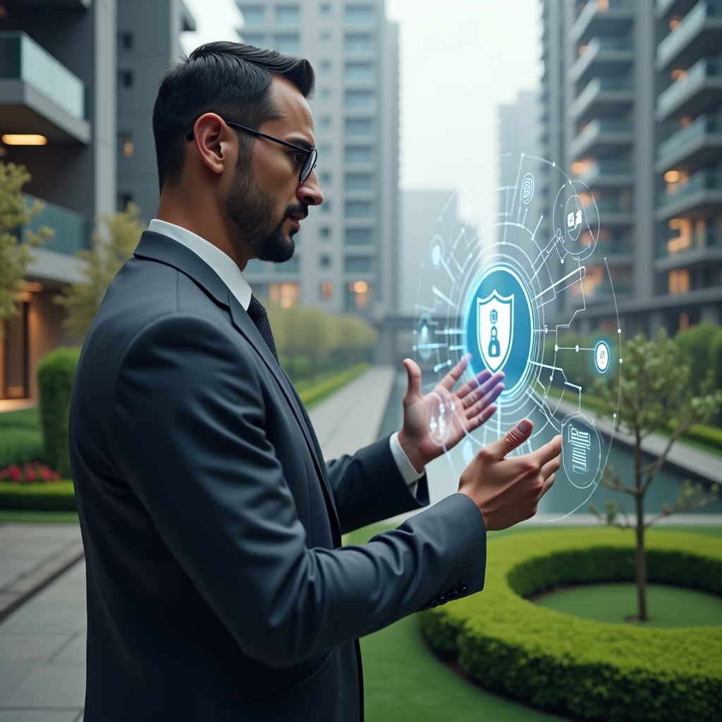 (Ultra-realistic condominium manager in a dark gray tailored suit, set in a modern luxury condominium environment with high-rise buildings and manicured green landscaping, standing in a medium shot while examining a floating holographic interface displaying security shields, network integration nodes, and usability graphs, cinematic lighting, shallow depth of field, highly detailed textures, realistic skin, photographic realism, 8k resolution --ar 1:1 --v 6)