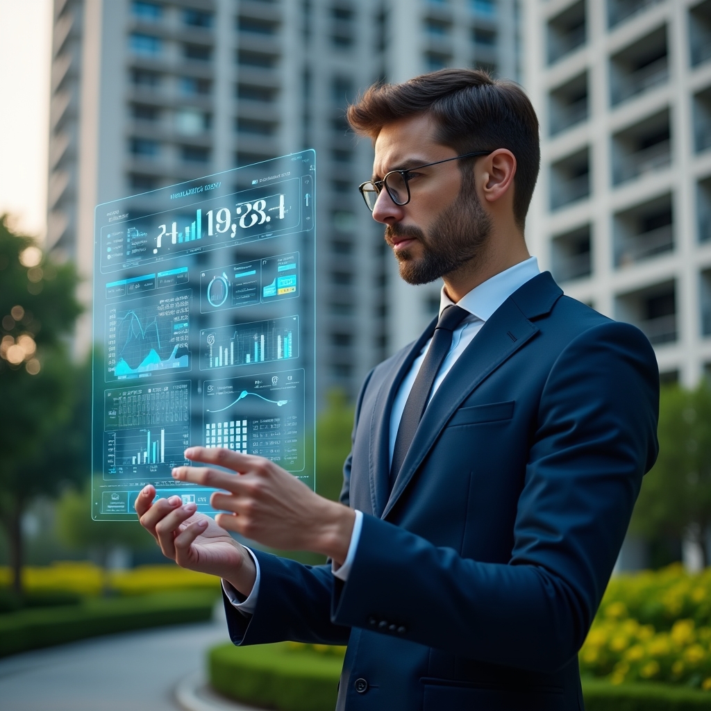 (Ultra-realistic condominium manager in a dark blue suit, set in a modern luxury condominium environment with high-rise buildings and manicured green landscaping, holding and analyzing a transparent holographic financial dashboard displaying charts and ledgers, conveying confidence and focus, cinematic lighting, shallow depth of field, highly detailed textures, realistic skin, photographic realism, 8k resolution --ar 1:1 --v 6)