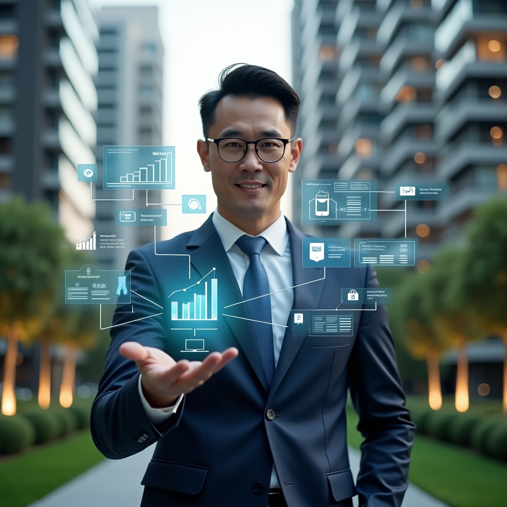 Ultra-realistic condominium manager in a navy executive suit, set in a modern luxury condominium environment with high-rise buildings and manicured green landscaping, interacting with a floating holographic interface displaying charts, icons, and automated workflow modules that symbolize streamlined management, confident and focused expression, cinematic lighting, shallow depth of field, highly detailed textures, realistic skin, photographic realism, 8k resolution --ar 1:1 --v 6