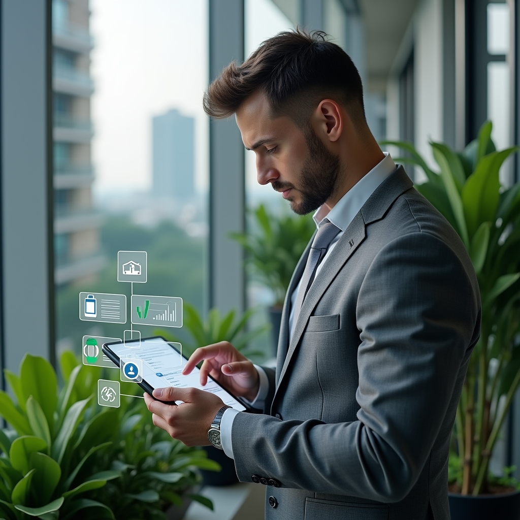 Ultra-realistic condominium manager in a tailored gray suit, set in a modern luxury condominium environment with high-rise buildings and lush green landscaping, holding a digital tablet displaying a holographic **condo management app** interface, confidently reviewing tasks with animated icons of calendar, finance charts, and chat bubbles floating around, cinematic lighting, shallow depth of field, highly detailed textures, realistic skin, photographic realism, 8k resolution --ar 1:1 --v 6