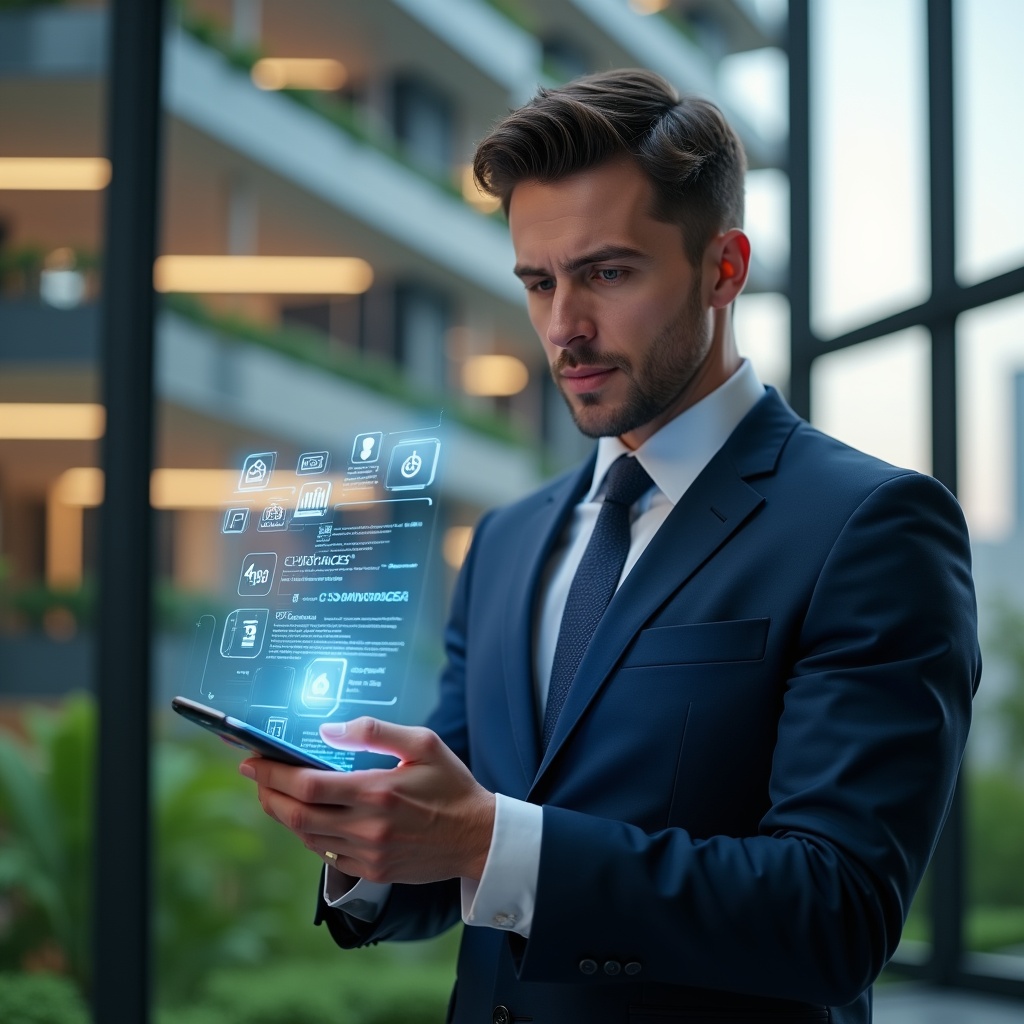 (Ultra-realistic condominium manager in a tailored navy suit, set in a modern luxury condominium environment with high-rise buildings and lush green landscaping, confidently interacting with a floating holographic smartphone interface displaying condo app icons and resident notifications, cinematic lighting, shallow depth of field, highly detailed textures, realistic skin, photographic realism, 8k resolution --ar 1:1 --v 6)