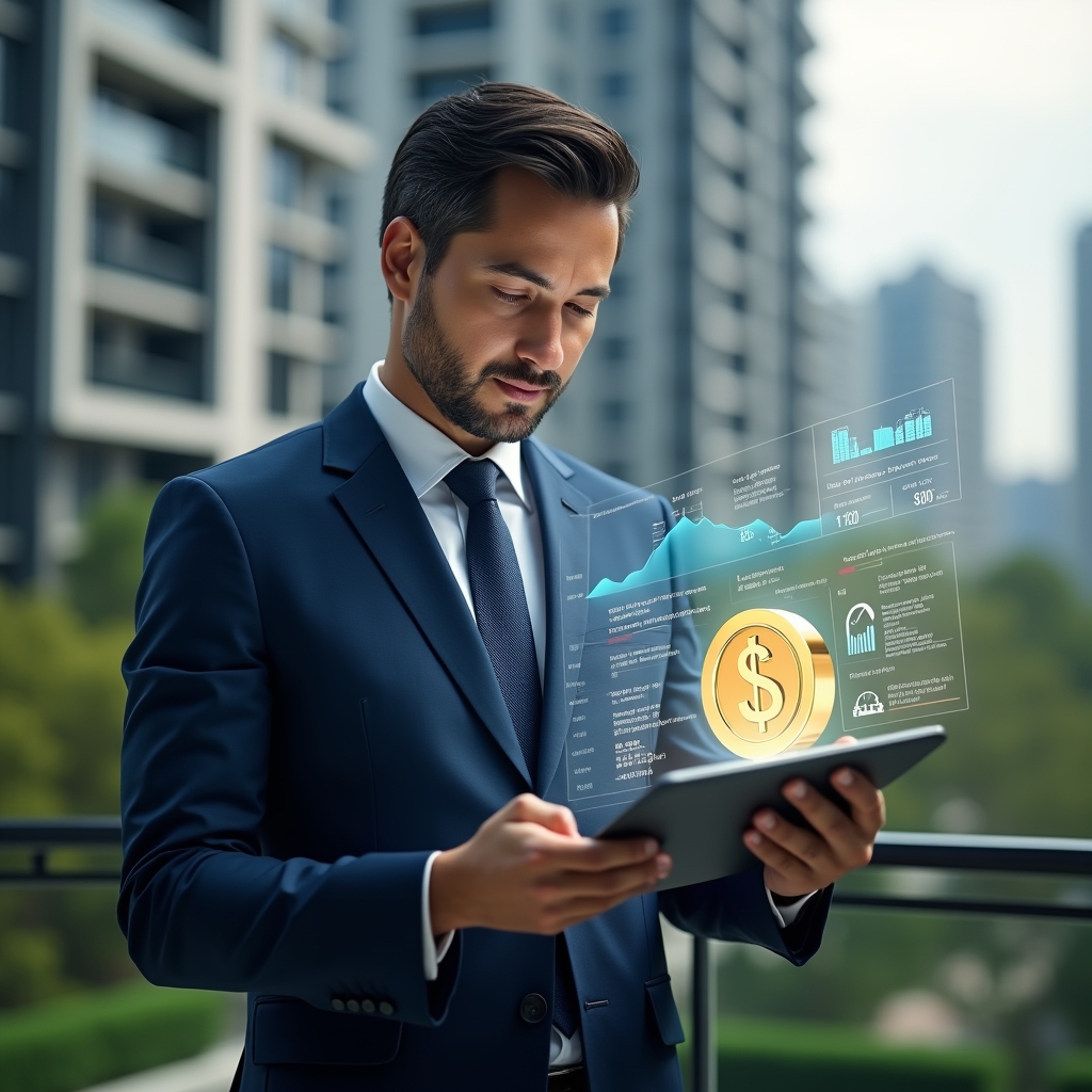 Ultra-realistic condominium manager in a navy blue executive suit, set in a modern luxury condominium environment with high-rise buildings and meticulously landscaped greenery, mid-shot of the professional studying a floating holographic financial report displaying charts and figures, confident and focused expression, symbolic gold ledger icon beside them, cinematic lighting, shallow depth of field, highly detailed textures, realistic skin, photographic realism, 8k resolution --ar 1:1 --v 6