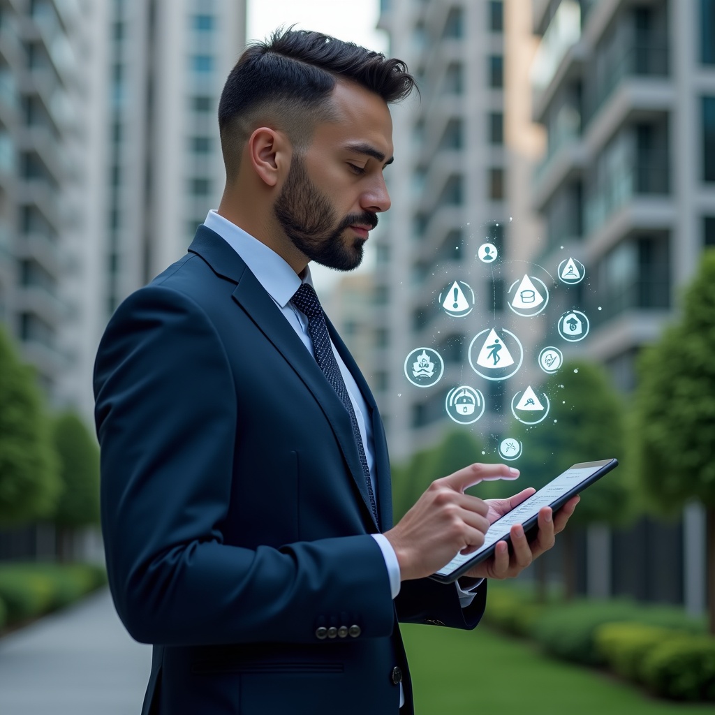 (Ultra-realistic condominium manager in a navy executive suit, set in a modern luxury condominium environment with high-rise buildings and manicured green landscaping, holding a tablet and thoughtfully analyzing a holographic condominium management app interface with floating warning icons, cinematic lighting, shallow depth of field, highly detailed textures, realistic skin, photographic realism, 8k resolution --ar 1:1 --v 6)
