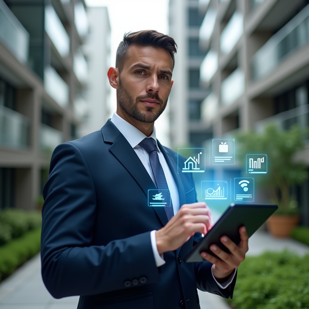 (Ultra-realistic condominium manager in a navy executive suit, set in a modern luxury condominium environment with high-rise buildings and lush green landscaping, holding a tablet displaying a holographic condominium management app interface with floating icons and charts, focused and confident expression, cinematic lighting, shallow depth of field, highly detailed textures, realistic skin, photographic realism, 8k resolution --ar 1:1 --v 6)
