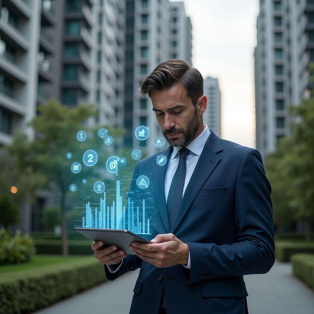 (Ultra-realistic condominium manager in a tailored navy blue suit, set in a modern luxury condominium environment with high-rise buildings and lush green landscaping, holding a digital tablet displaying floating holographic error icons and management analytics, analyzing with a thoughtful expression, holographic checklist symbols and warning icons around, cinematic lighting, shallow depth of field, highly detailed textures, realistic skin, photographic realism, 8k resolution --ar 1:1 --v 6)