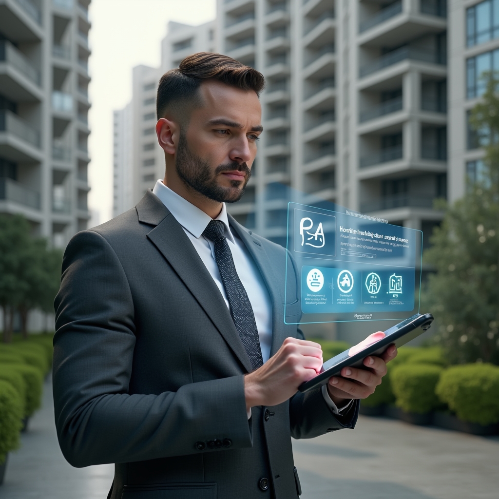 (Ultra-realistic condominium manager in a charcoal gray suit, set in a modern luxury condominium environment with high-rise buildings and manicured greenery, holding and interacting with a semi-transparent holographic tablet displaying warning icons and checklist items, looking focused and confident, cinematic lighting, shallow depth of field, highly detailed textures, realistic skin, photographic realism, 8k resolution --ar 1:1 --v 6)