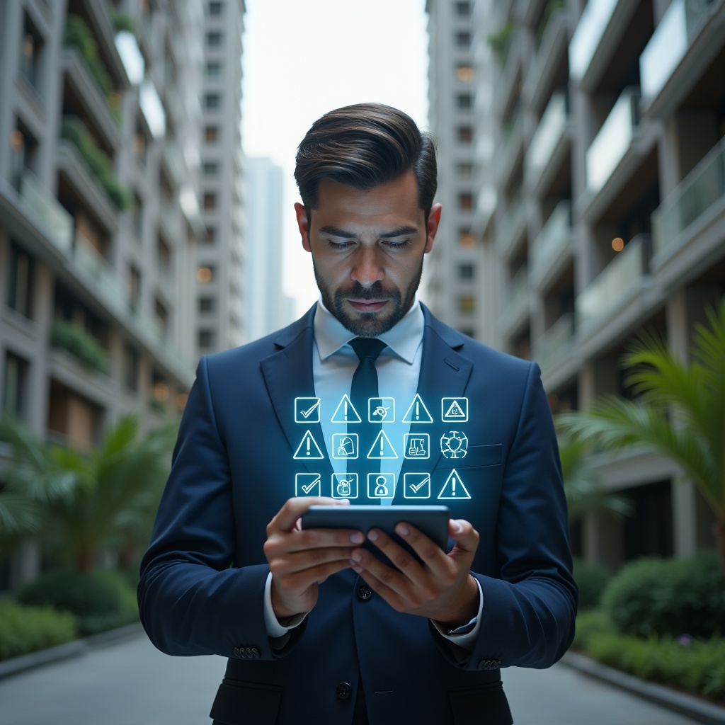(Ultra-realistic condominium manager in a navy suit, set in a modern luxury condominium environment with high-rise buildings and lush green landscaping, examining a transparent holographic checklist of seven warning icons on a tablet, concerned and focused expression, floating error symbols and app interface elements around him, cinematic lighting, shallow depth of field, highly detailed textures, realistic skin, photographic realism, 8k resolution --ar 1:1 --v 6)