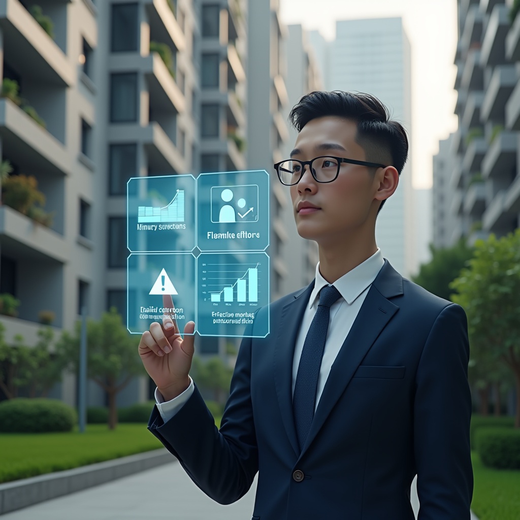 Ultra-realistic condominium manager in a tailored navy suit, set in a modern luxury condominium environment with high-rise buildings and manicured green gardens, analyzing a holographic interface displaying warning icons and financial charts symbolizing common management errors, expression thoughtful and confident, cinematic lighting, shallow depth of field, highly detailed textures, realistic skin, photographic realism, 8k resolution --ar 1:1 --v 6