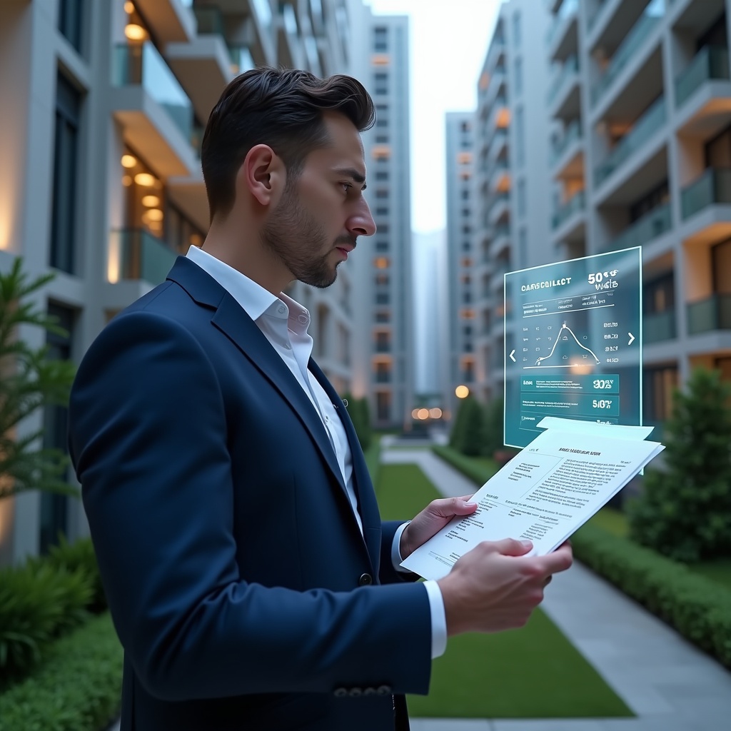Ultra-realistic condominium manager in a navy blue executive suit, set in a modern luxury condominium environment with high-rise buildings and manicured green landscaping, reviewing transparent holographic financial charts and documents with a thoughtful expression, a floating icon of a checklist glowing beside them, cinematic lighting, shallow depth of field, highly detailed textures, realistic skin, photographic realism, 8k resolution --ar 1:1 --v 6