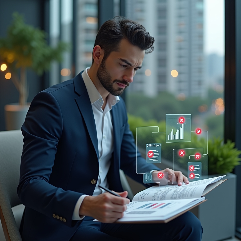 (Ultra-realistic condominium manager in a dark blue suit, set in a modern luxury condominium environment with high-rise buildings and manicured greenery, analyzing a holographic financial report with red error icons floating around, serious and focused expression, holographic charts and document icons symbolizing accounting mistakes, cinematic lighting, shallow depth of field, highly detailed textures, realistic skin, photographic realism, 8k resolution --ar 1:1 --v 6)